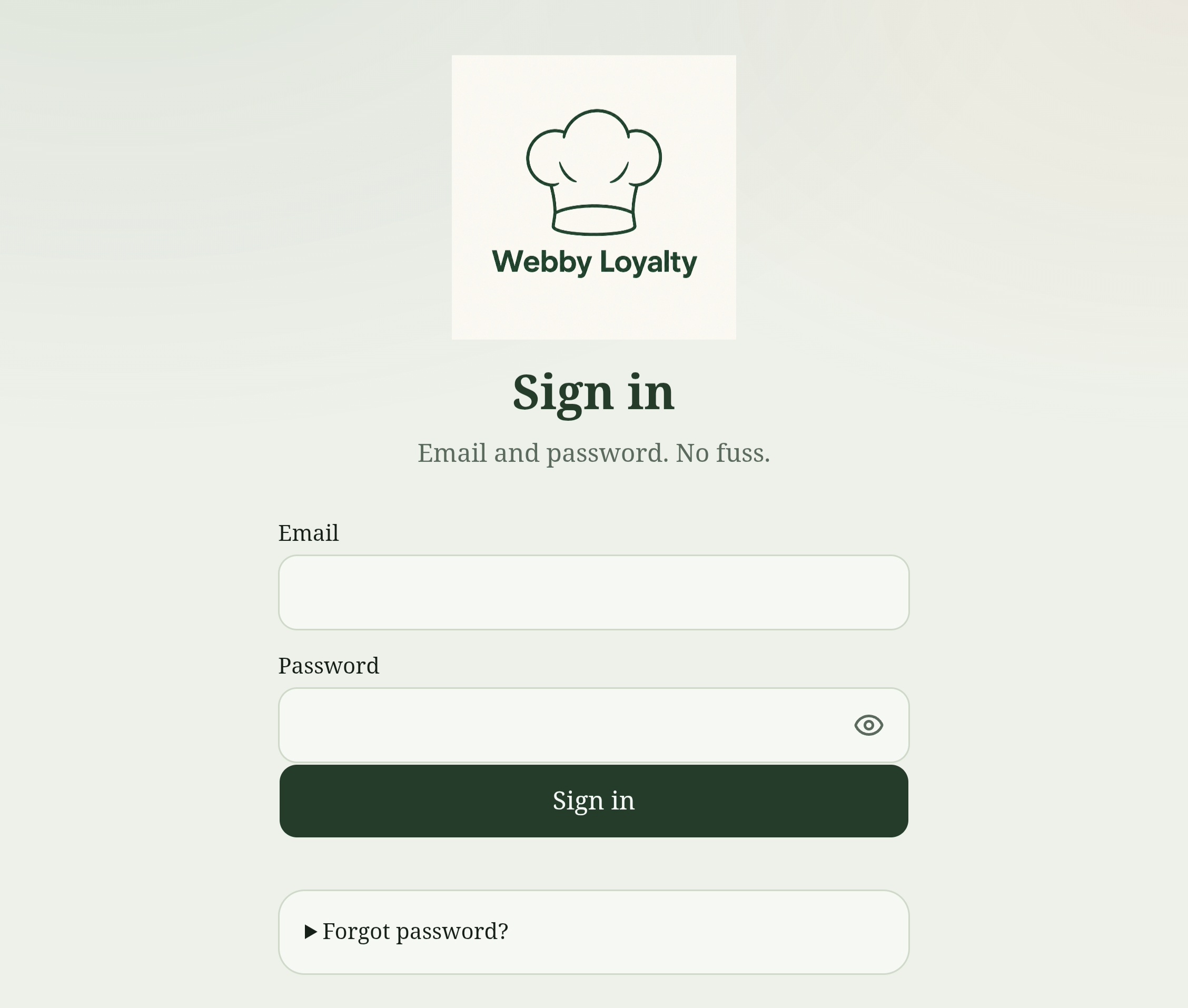 Webby Loyalty sign-in screen